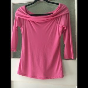 Hot pink off the shoulder top. Sleeves are sheerer then body of blouse. Nylon.